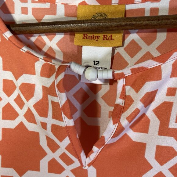 RUBY RD orange white geometric 3/4 flared sleeve woven keyhole top 12 - Picture 6 of 7